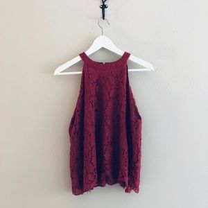 Red Lace Overlay high neck shirt